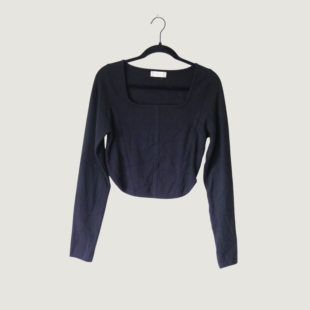 Altar'd State Womens Black‎ Square Neck Corset Knit Long Sleeve Crop Top Large